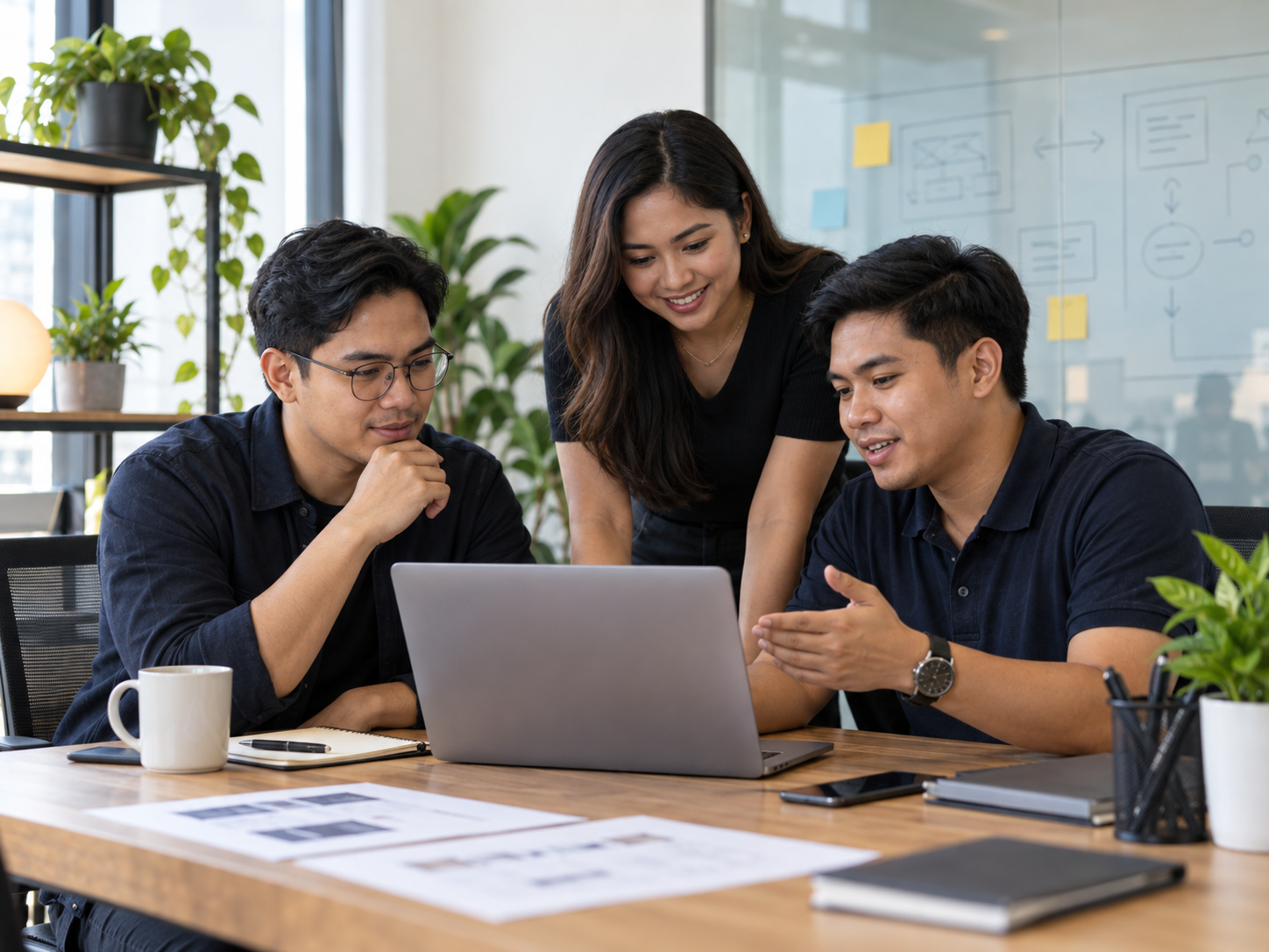 Business team working together with software in a natural office setting