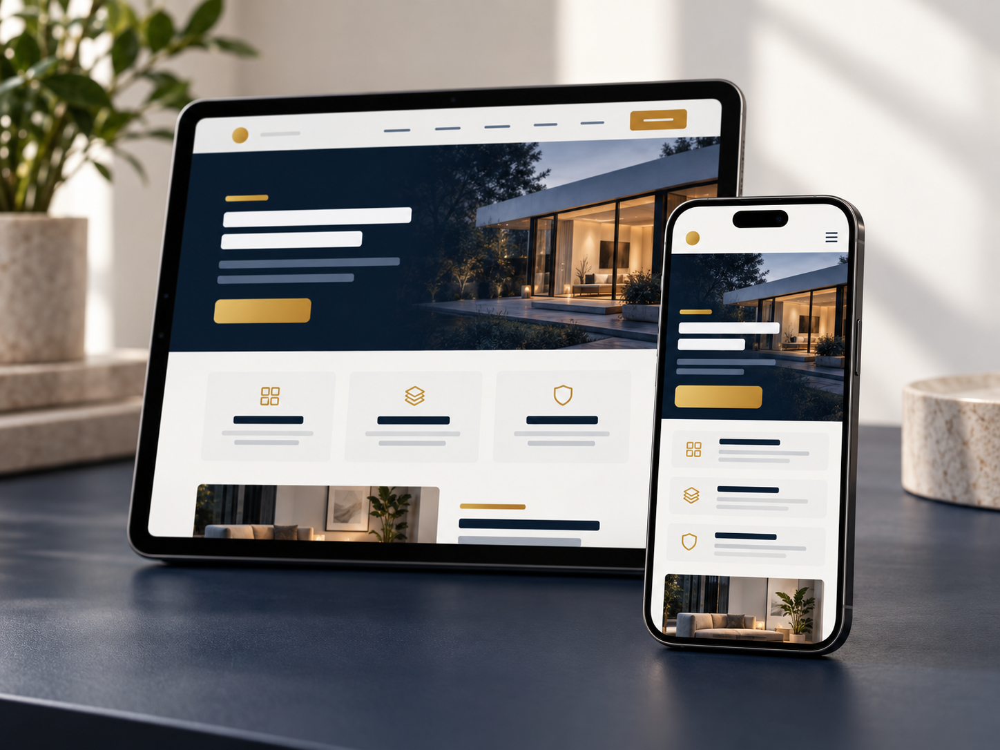 A tablet and smartphone showing the same responsive business website at different screen sizes