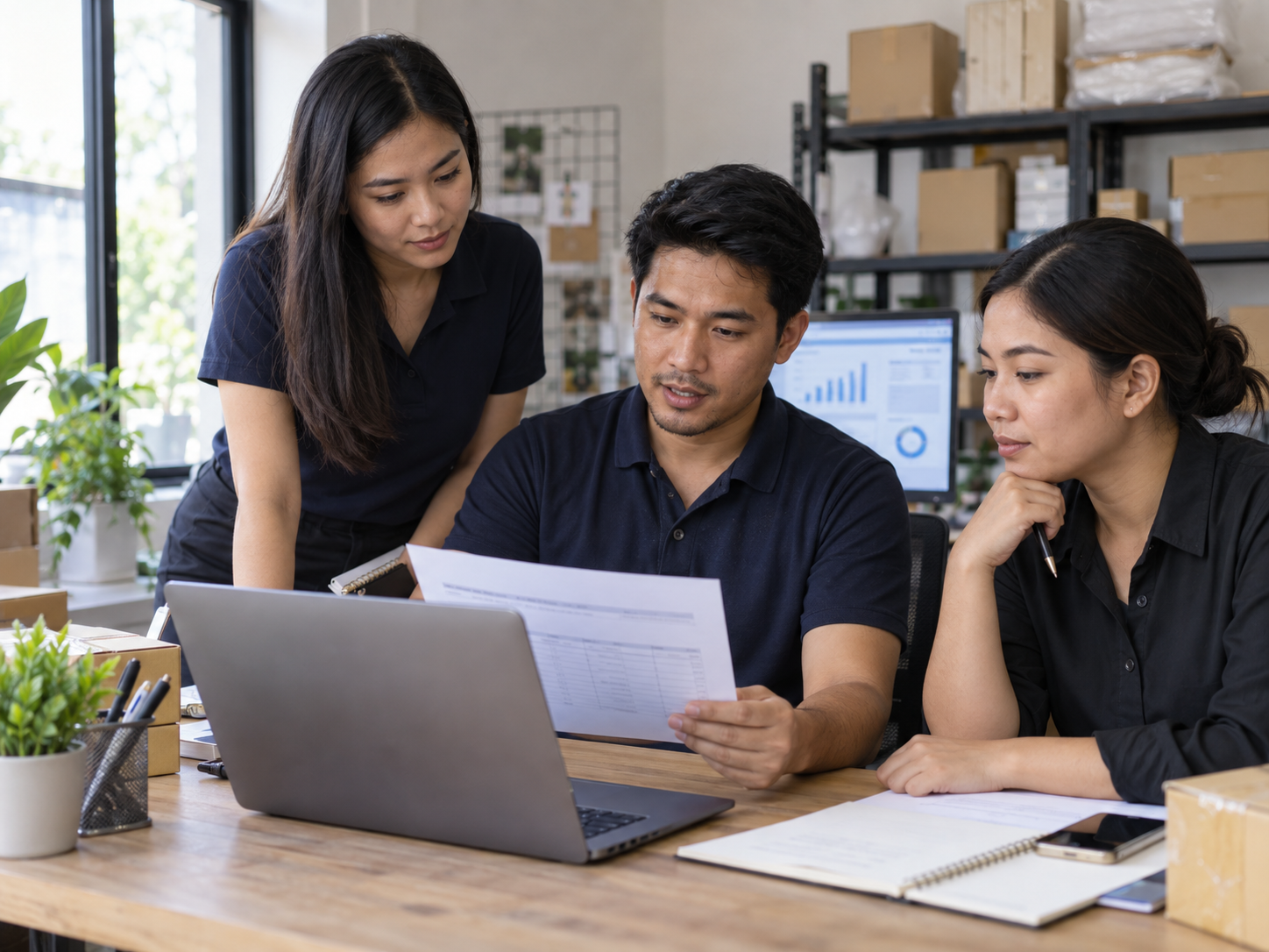 Representative small-business team reviewing orders and operational information